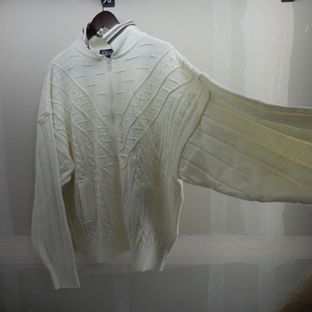 Blair Mens 3XL Full Zip Cable Knit Sweater Natural Cream Mock Neck Vintage 2173